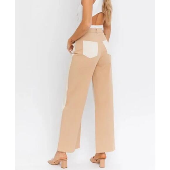 Le Lis Two Tone Color Blocked Wide Leg Jeans Tan Ivory Cotton High Rise M - Picture 1 of 6